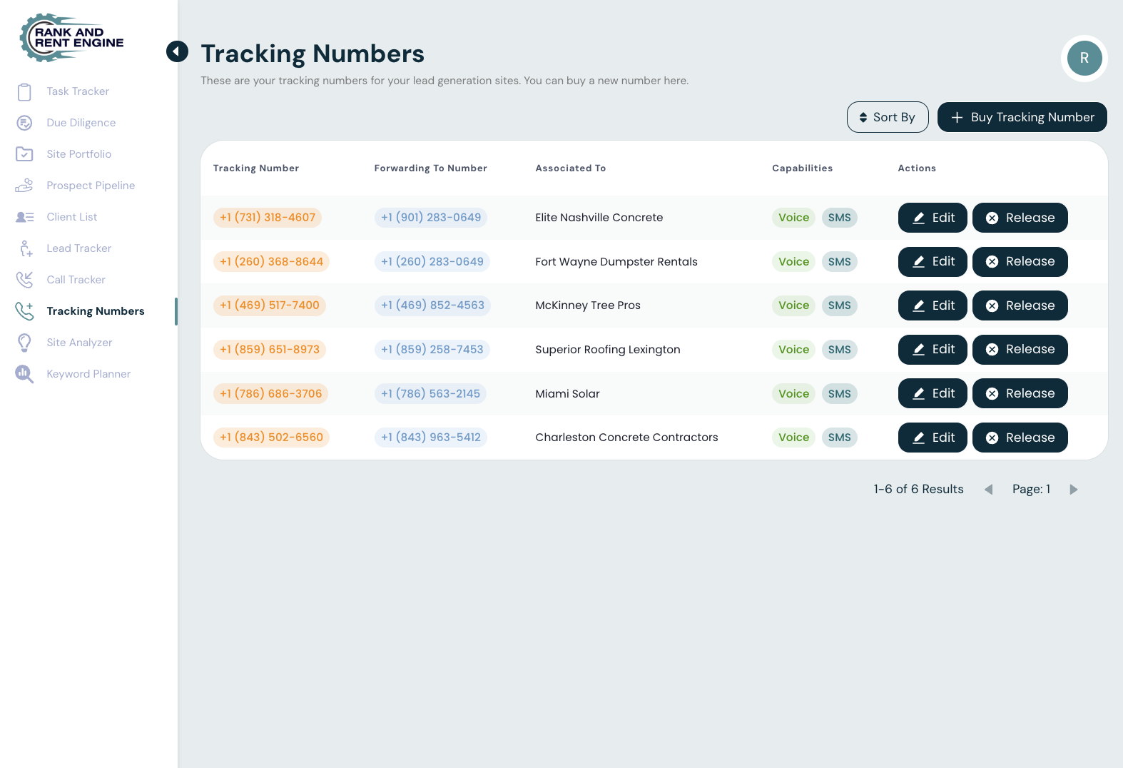 RARE call tracking screen with inbound calls, recording player and SMS notification settings