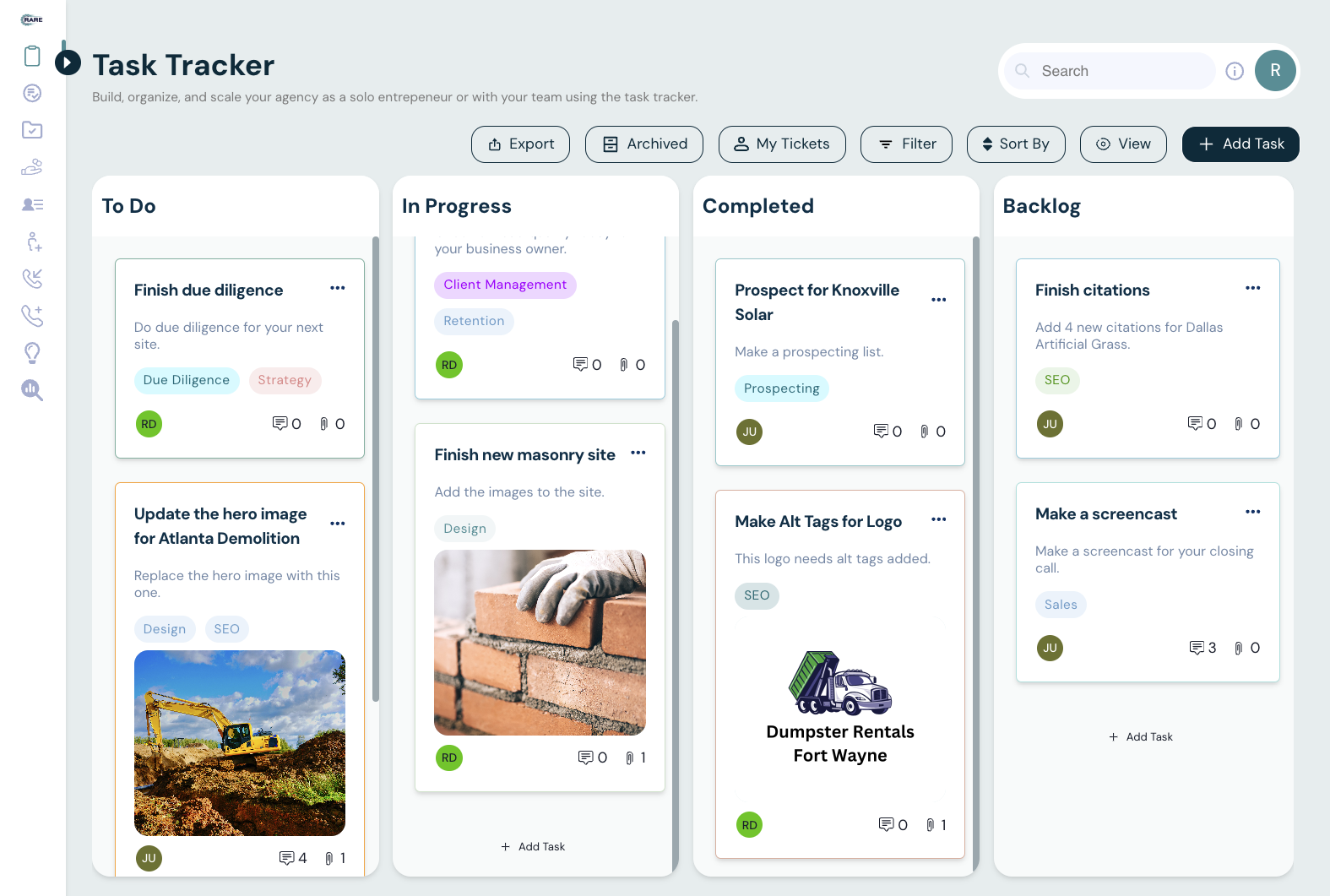 RARE sales pipeline and task tracker screen